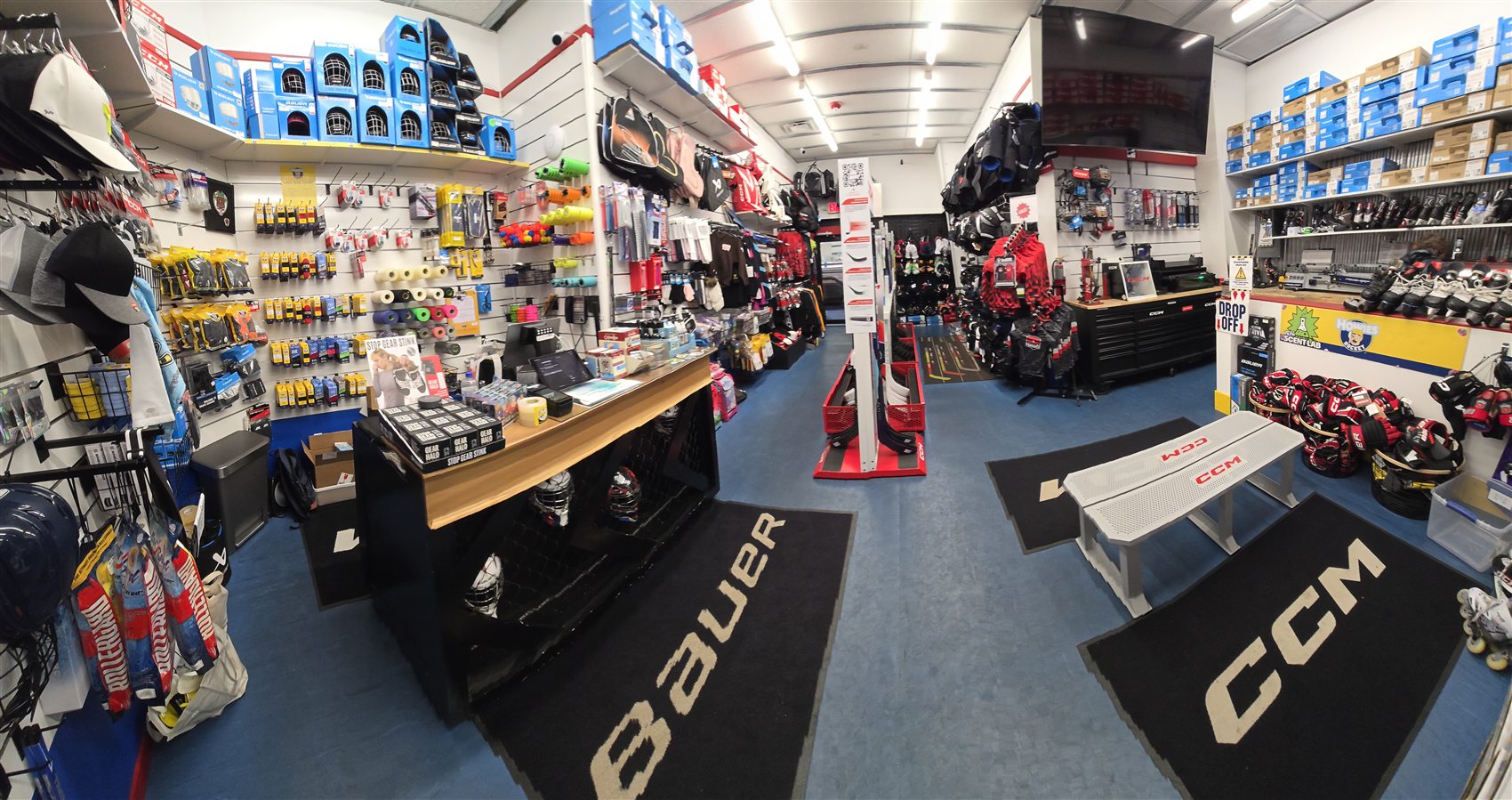 Inside Ice Lab Pro Shop, packed with hockey gear